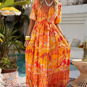 Bohemian Tie-Waist Tiered Maxi Dress