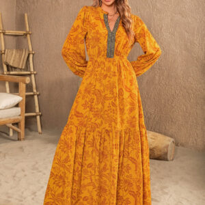 Printed Notched Balloon Sleeve Dress